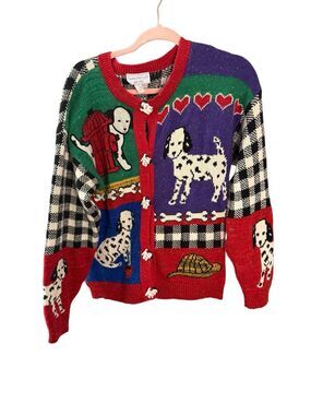 Vintage Novelty Dalmatian Firetruck Firehydrant Knit Cardigan Sweater Women’s L